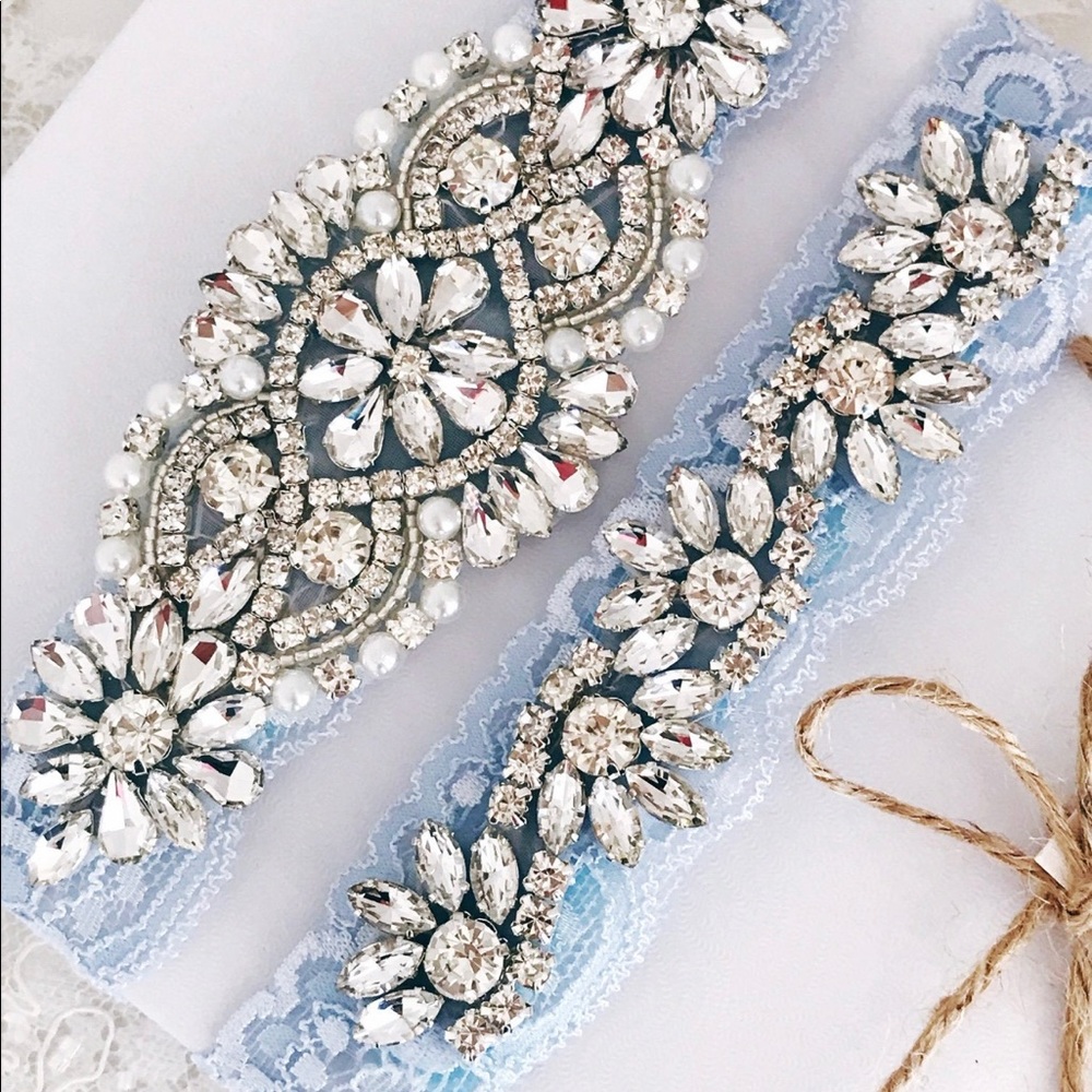 NEW Blue Gemmed Garter and Toss Garter Set